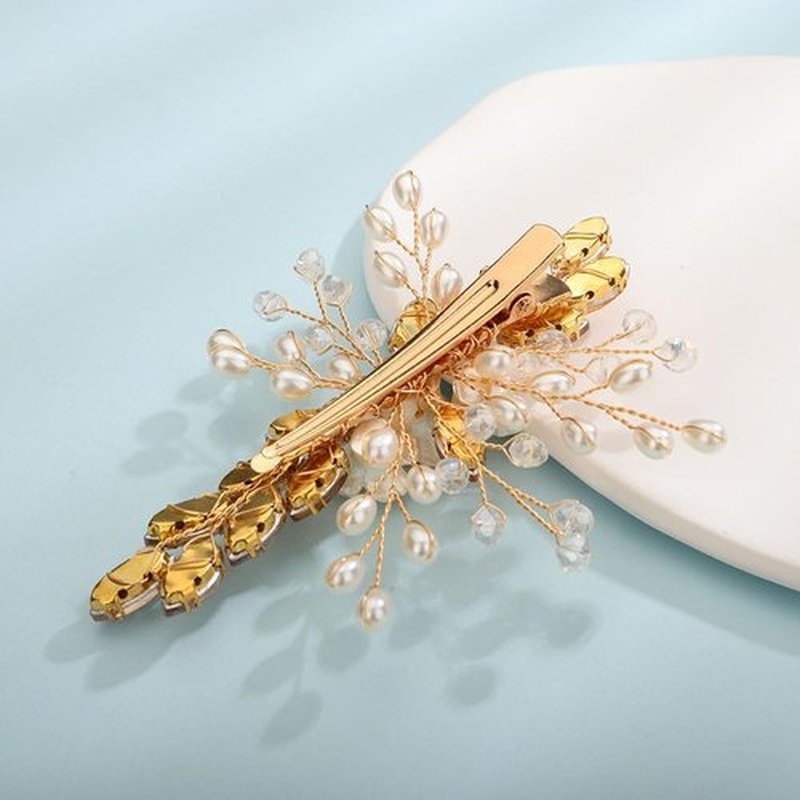 Rumtock Pearl and Flower Gold Champagne Hair Clip for Wedding Brides Bridesmaid Flower Girls Handmade Hair Piece (Champagne)