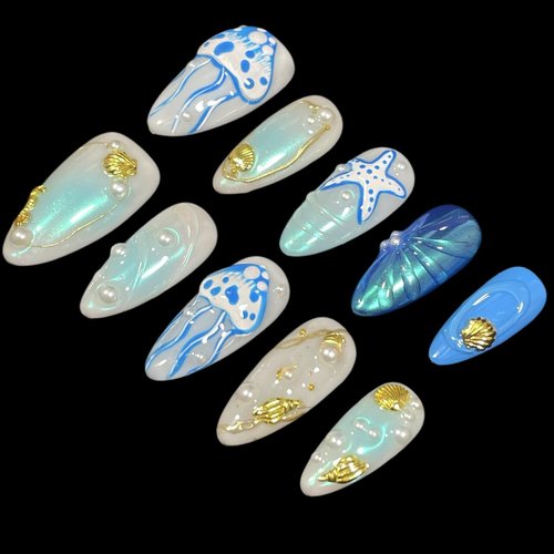 Ocean Theme Press On Nails, Medium Almond Shape, 3D Jellyfish Design with Pearls and Seashells, Summer Vacation False Nails (Blue Ocean, M)