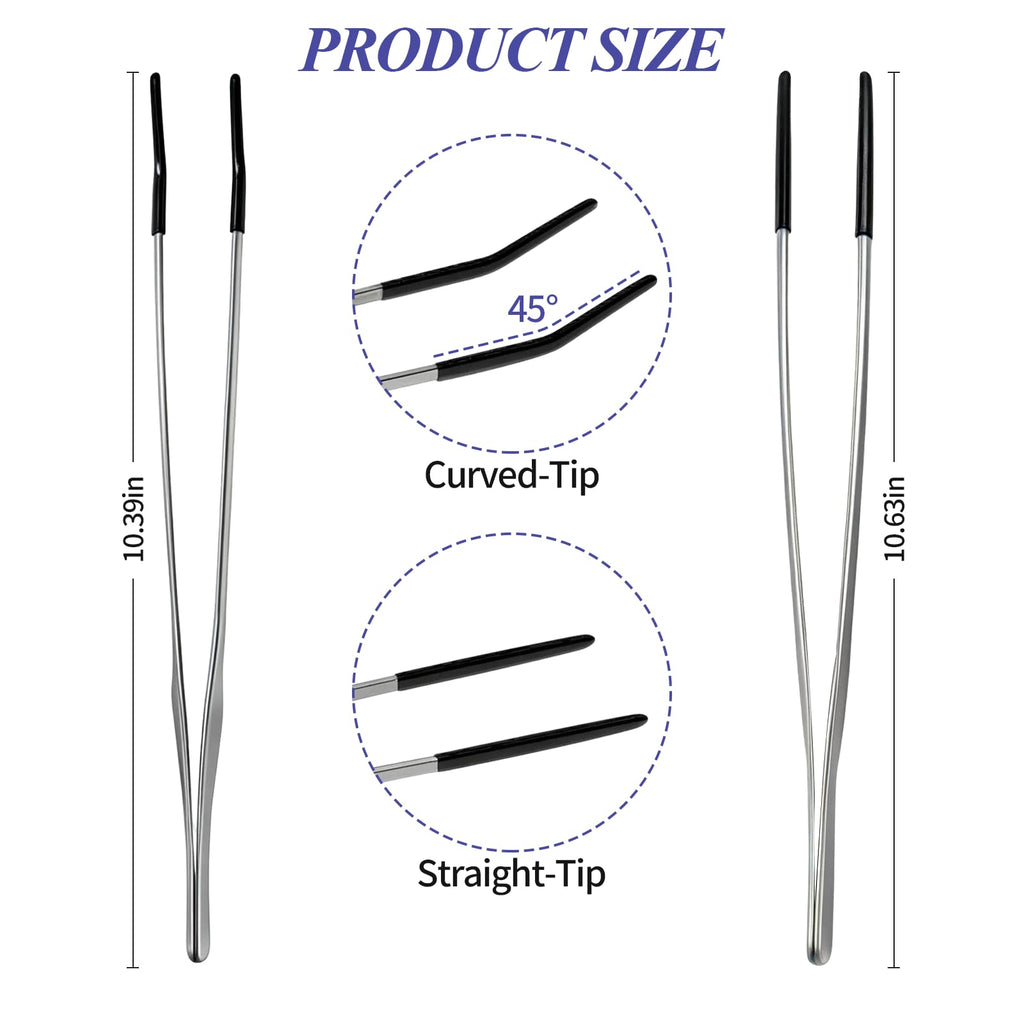 2PCS Reptile Feeding Tongs,10.6" Extra Long Stainless Steel Tweezers with Rubber Tips, Bearded Dragon Lizards Aquarium Straight and Curved Long Tweezers for Snake Feeding, Terrarium, Aquarium(Silver)