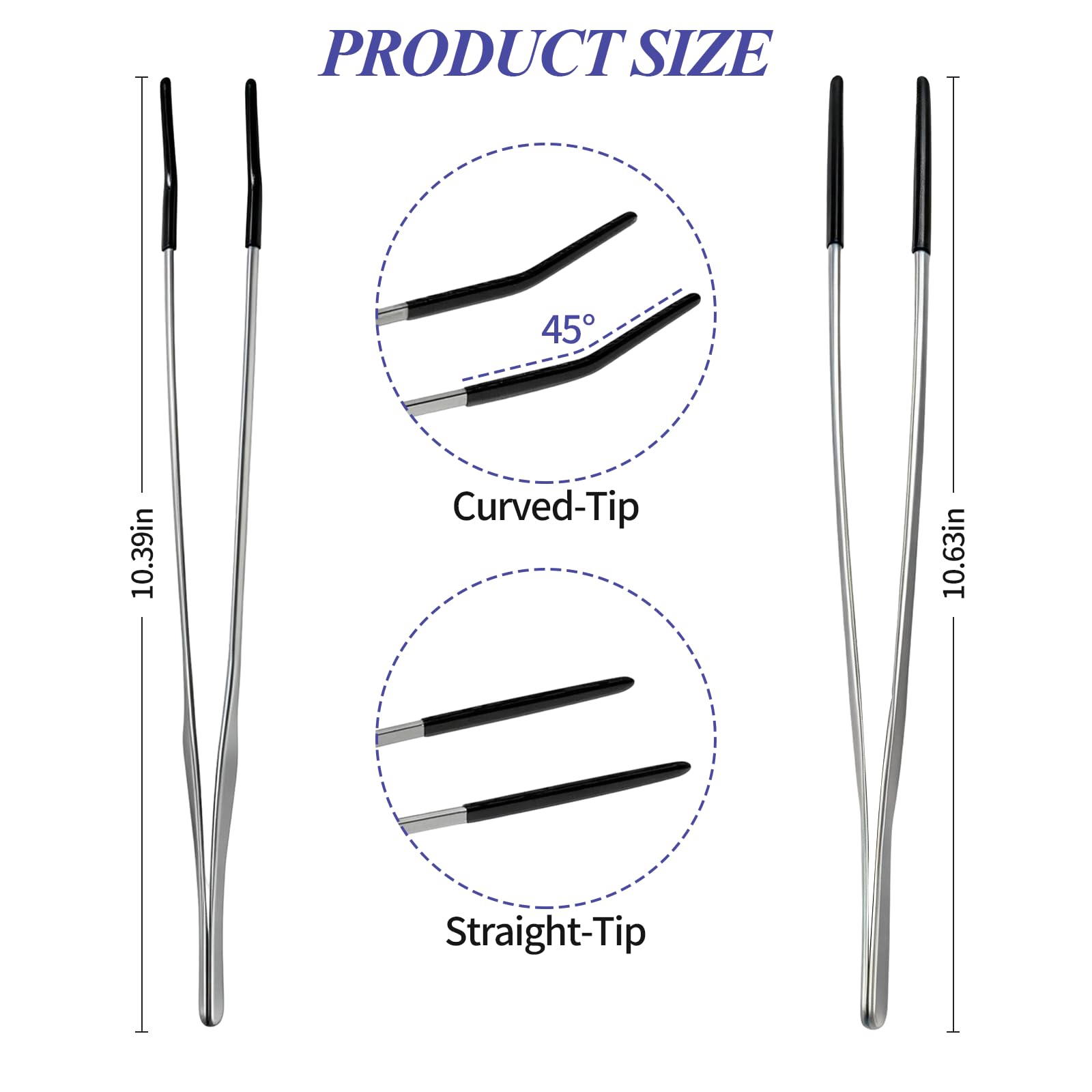 2PCS Reptile Feeding Tongs,10.6" Extra Long Stainless Steel Tweezers with Rubber Tips, Bearded Dragon Lizards Aquarium Straight and Curved Long Tweezers for Snake Feeding, Terrarium, Aquarium(Silver)