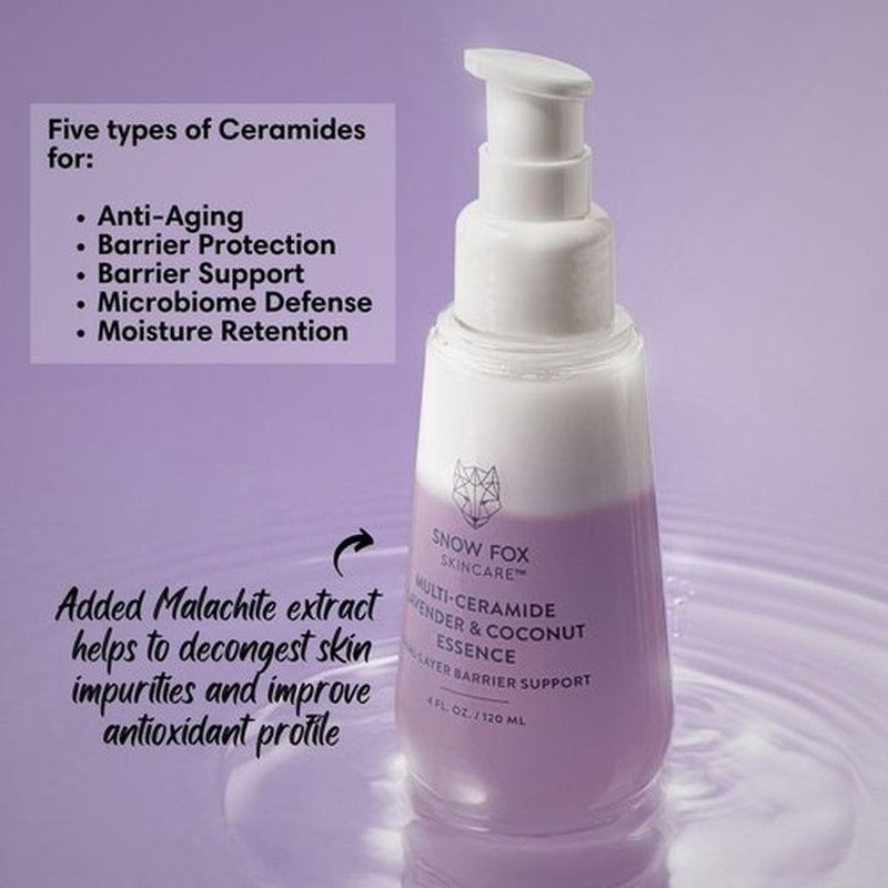 Snow Fox Skincare - Multi-Ceramide French Lavender & Coconut Essence Serum | Hydrating, Revitalizing Face Serum for Dry, Mature, Sensitive Skin | Vitamin B5, Hyaluronic Acid, Malachite | 120ml