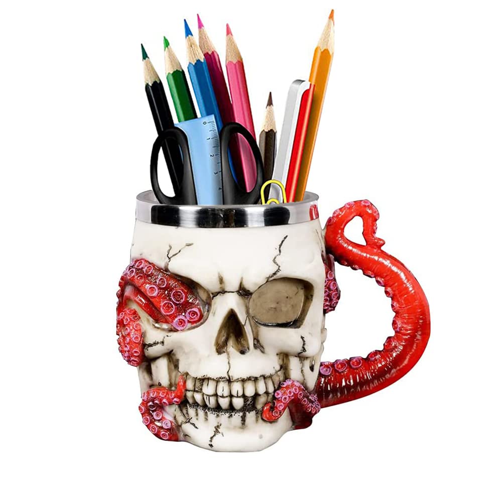 PROVIVID Skull Coffee Mugs with Handle Stainless Steel 3D Skull Beer Mug Realistic Resin Octopus Tentacle Beverage Drinking Cup Drinkware Mug Unique Gift for Men - 13oz