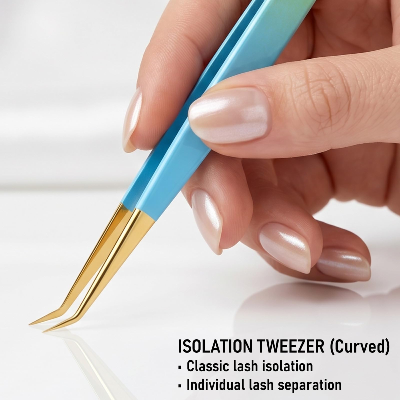 Cross Edge Corporation Lash Extension Tweezers 14cm — Curved Isolation Tip for Classic Lashes & Individual Lash Work | Lightweight Stainless Steel | Blue & Green with Gold Tip Finish