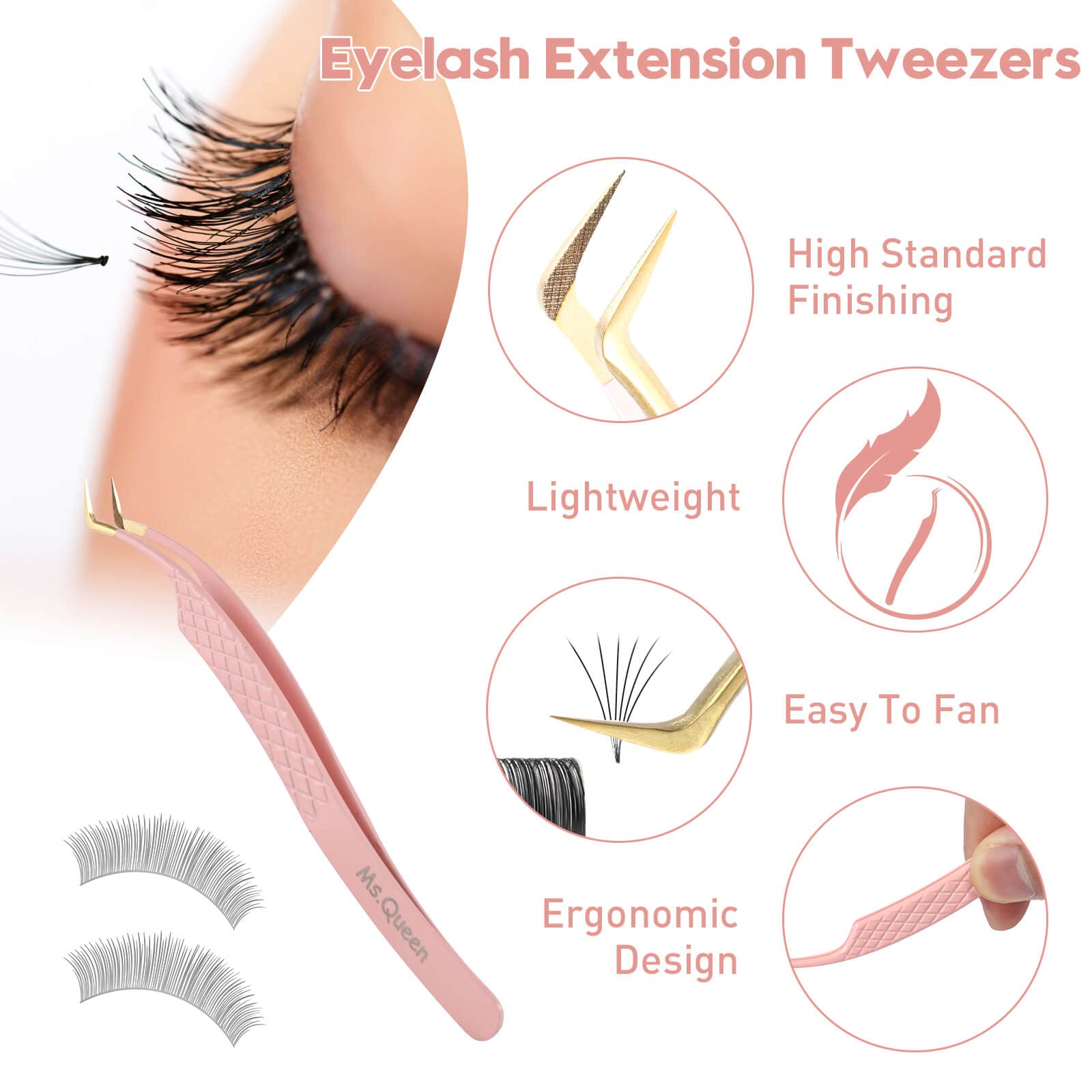 Ms.Queen Eyelash Extension Tweezers, Professional Fiber Tip Lash Tweezers Set of 5,Curved 45 90 Degree Volume Isolation Tweezers