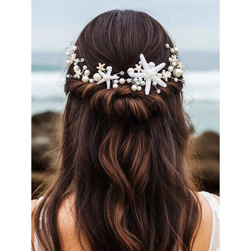 GORAIS Starfish Bride Wedding Hair Vine Silver Pearl Bridal Mermaid Headpiece Beach Hair Accessories Headband for Women and Girls