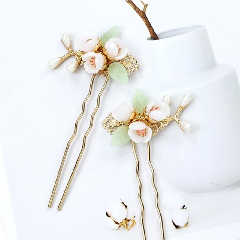 inSowni 5 Pieces Vintage Retro Traditional Asian Chinese Hanfu Pearl Green Jade Flower Hair Side Combs Slides Metal Hair Pins Sticks Chopsticks Bun Updo Holders Hair Accessories for Women Girls