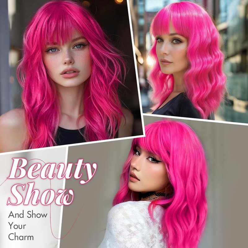 Ucubb Short Bob Wavy Wig with Bangs for Women Loose Curly Wig Look natural Shoulder Length Bob Synthetic Cosplay Wig for Girl Colorful Costume Wigs