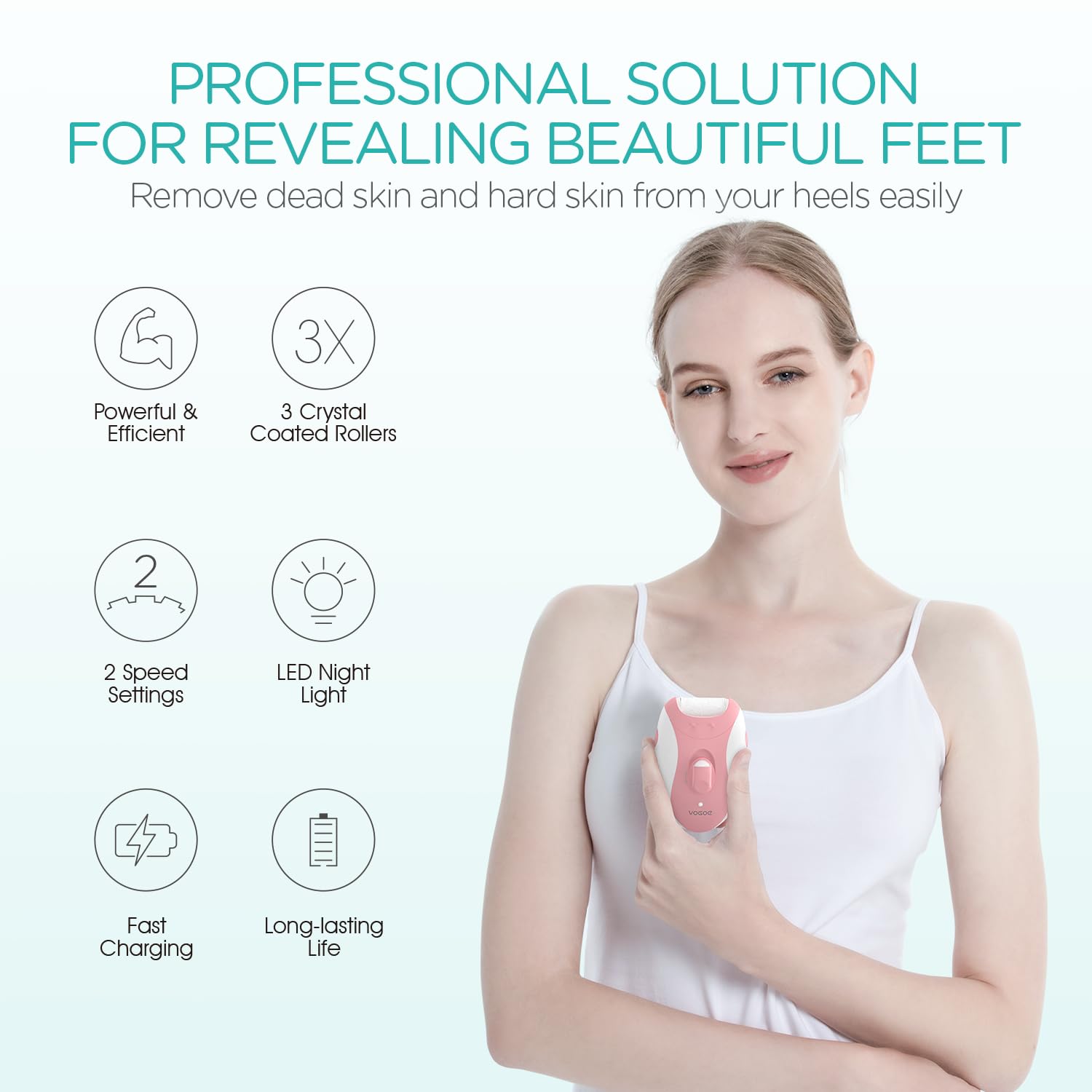 VOGOE Electric Callus Remover for Feet, Rechargeable Foot File Pedicure Tools with 3 Rollers & 2 Speeds, Professional Feet Scrubber Remover Foot Care for Calluses, Cracked Dry Dead Skin CR310 Pink
