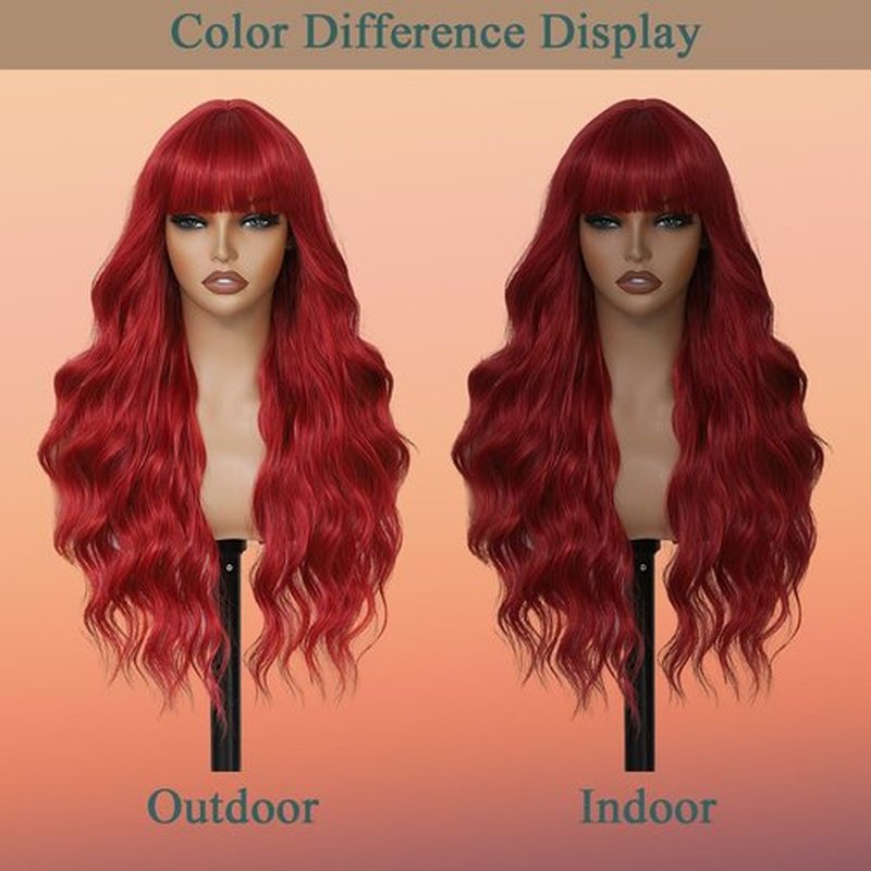 Long Red Wigs with Bangs 26Inch Wavy Curly Hair for Women Tangle Free Soft Natural Looking Premium Heat Resistant Protein Fiber Daily Party Use