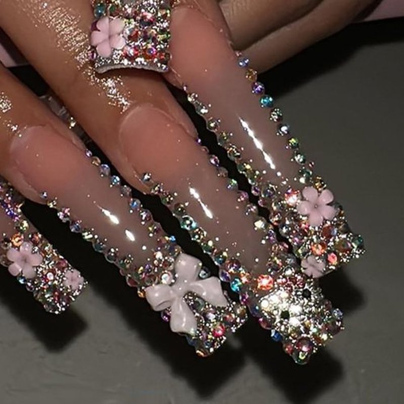 Long Press Long Nails Coffin French Tips with Design 3D Bow Flower Rhinestone Bling Artificial Glue On Nails - Full Cover Glossy Acrylic - 24 Pcs