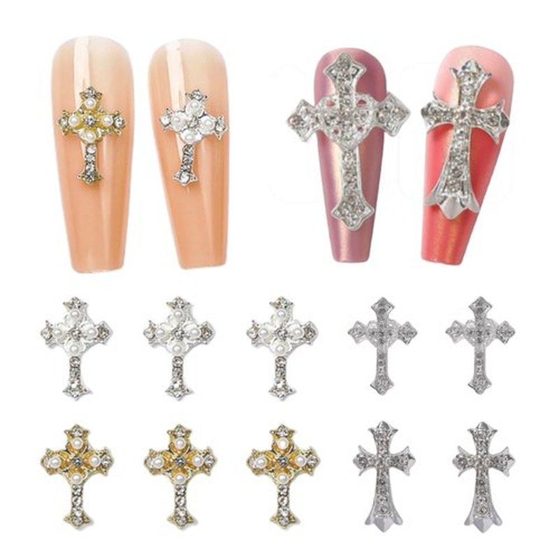 20pcs Retro Alloy Pearl Cross Nail Charms, Y2K Rhinestones for Nail Art, Punk Gothic Design Kit