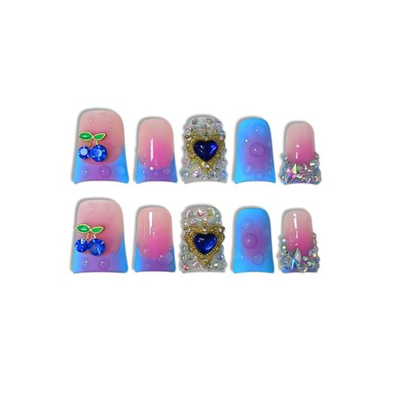 TENPAL Handmade French Tips Press on Duck Nails Kits - Icy Blue Purple Ombre Duckbill Nails with 3D Cherry Design, Acrylic Glossy Y2K False Nails for Women Girls Daily Parties(L)