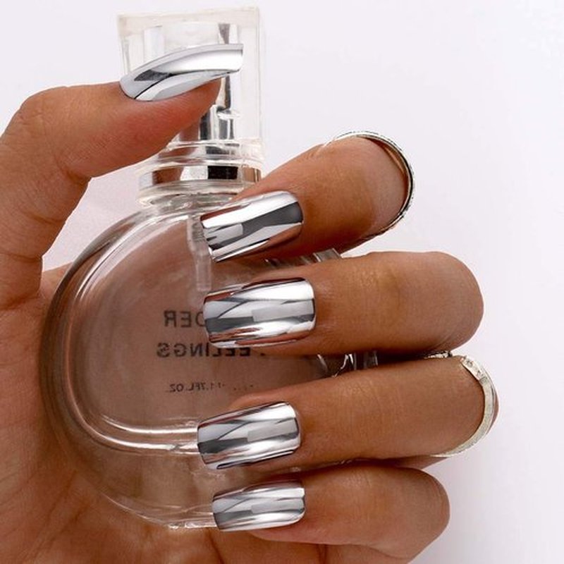 Outyua Mirror Fake Nails Square Silver Long Glossy Arylic Press on Nails Full Cover False Nail Art for Women and Girls 24pcs (Silver)