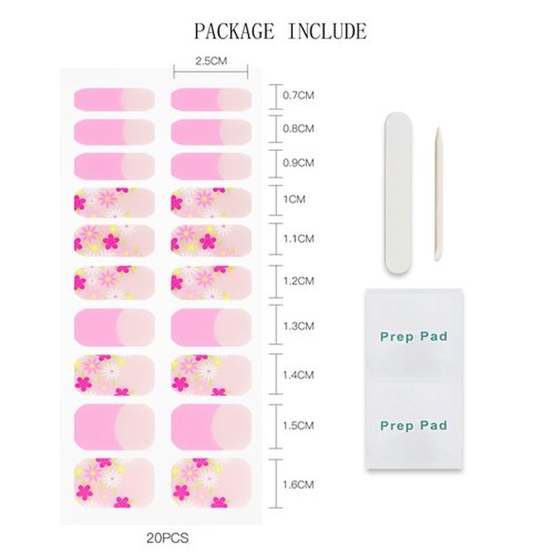 JMEOWIO Gel Nail Stickers Pink Flower French Tip Semi Cured Gel Nail Strips Wraps UV/LED Nails Art Design Decoration Accessories