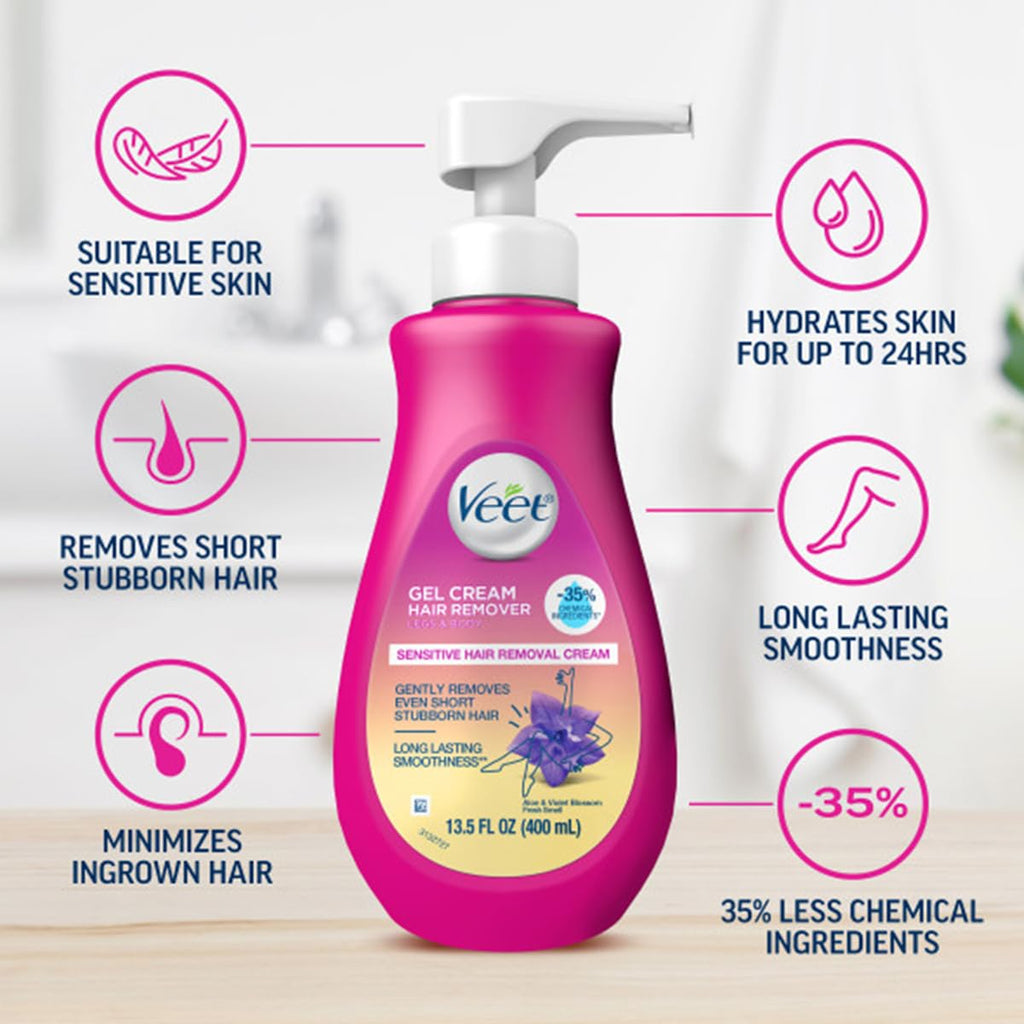 VEET 5 Min Sensitive Skin Hair Removal Cream For Women, Bikini Hair Removal Gel, Dermatologically Tested Depilatory Cream For Legs, Arms, Bikini Line, 13.5 FL OZ Pump Bottle with Tool, Pack of 2