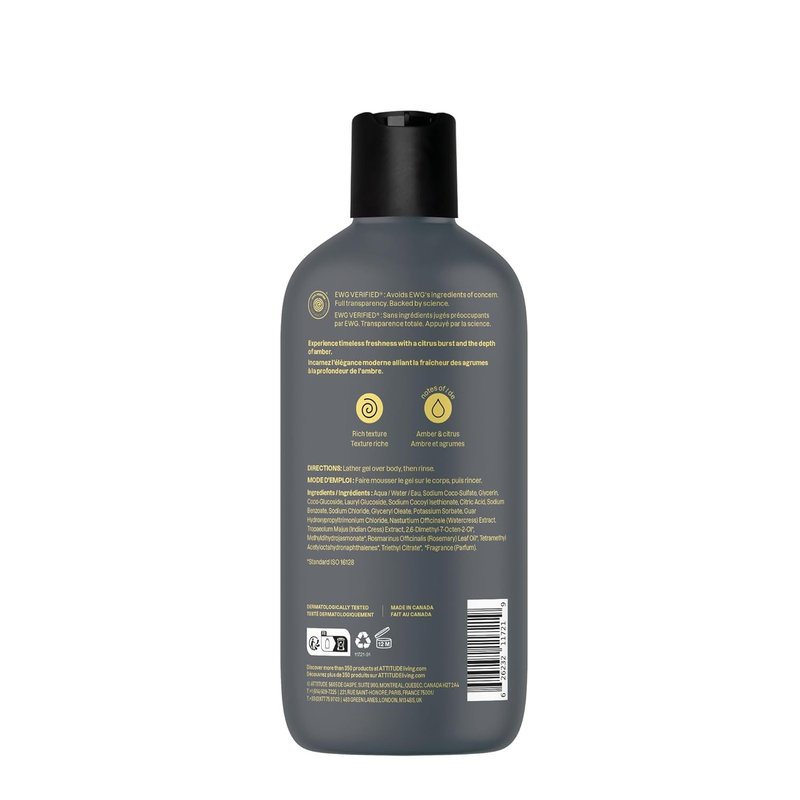 ATTITUDE Shower Gel for Men - 98% Natural Ingredients, Paraben & Phthalate Free | Amber & Citrus, 14 Fl Oz
