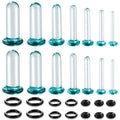 BOKABOO 14 PCS Glass Ear Gauges Stretching Kit Short Taper Expander, Turquoise 14g-2g Comfy Dead Stretching Plugs with Rubber Rings, Crazy Domed Body Piercing Jewelry Set