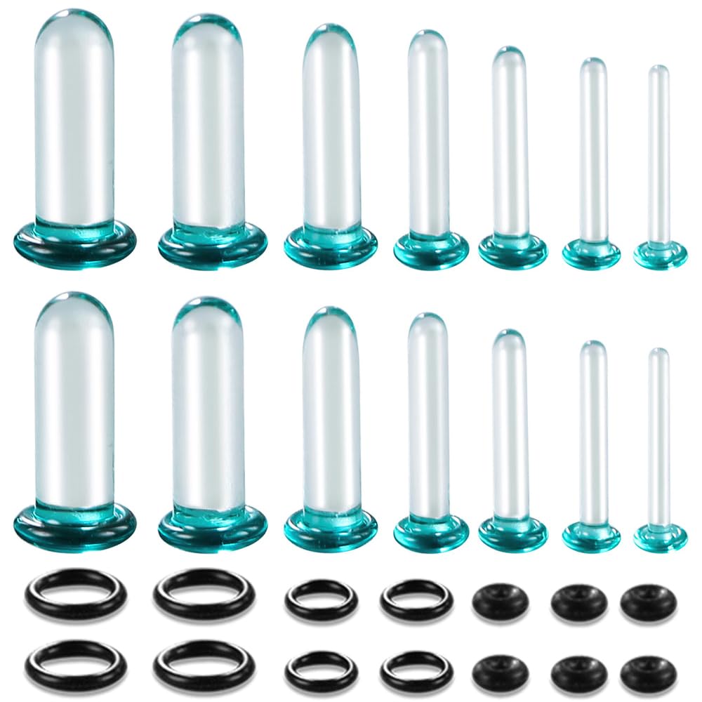 BOKABOO 14 PCS Glass Ear Gauges Stretching Kit Short Taper Expander, Turquoise 14g-2g Comfy Dead Stretching Plugs with Rubber Rings, Crazy Domed Body Piercing Jewelry Set