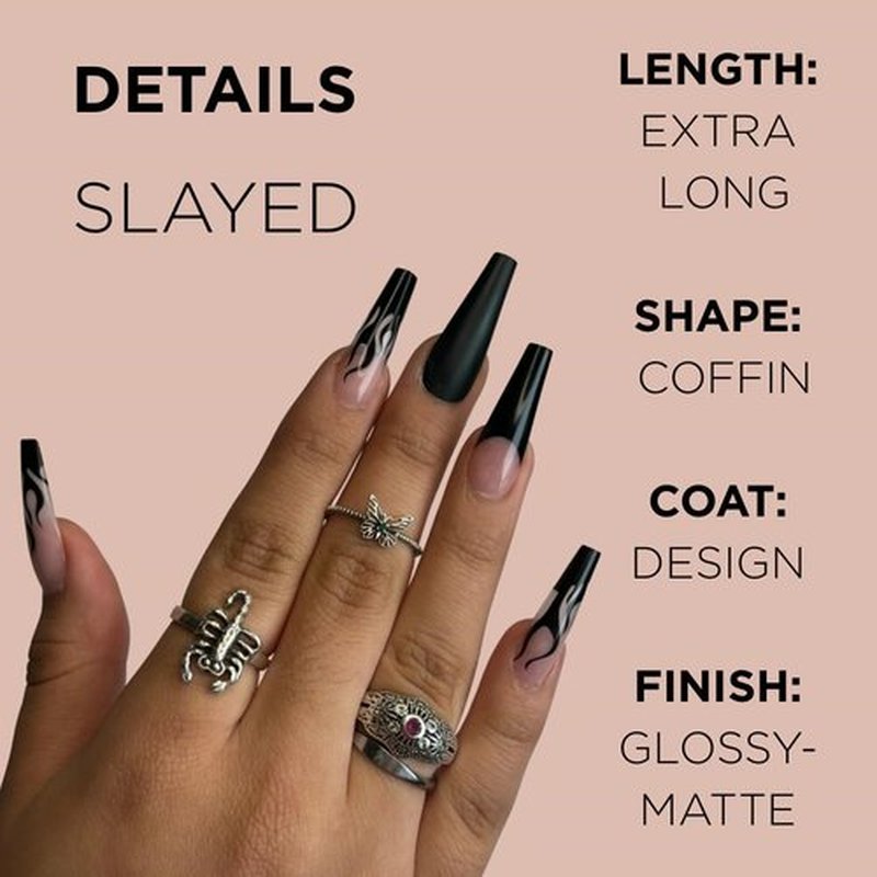 SLAYED Press-On Nails by Lavaa Beauty | Extra-Long Coffin | Black Flame Nail Tips
