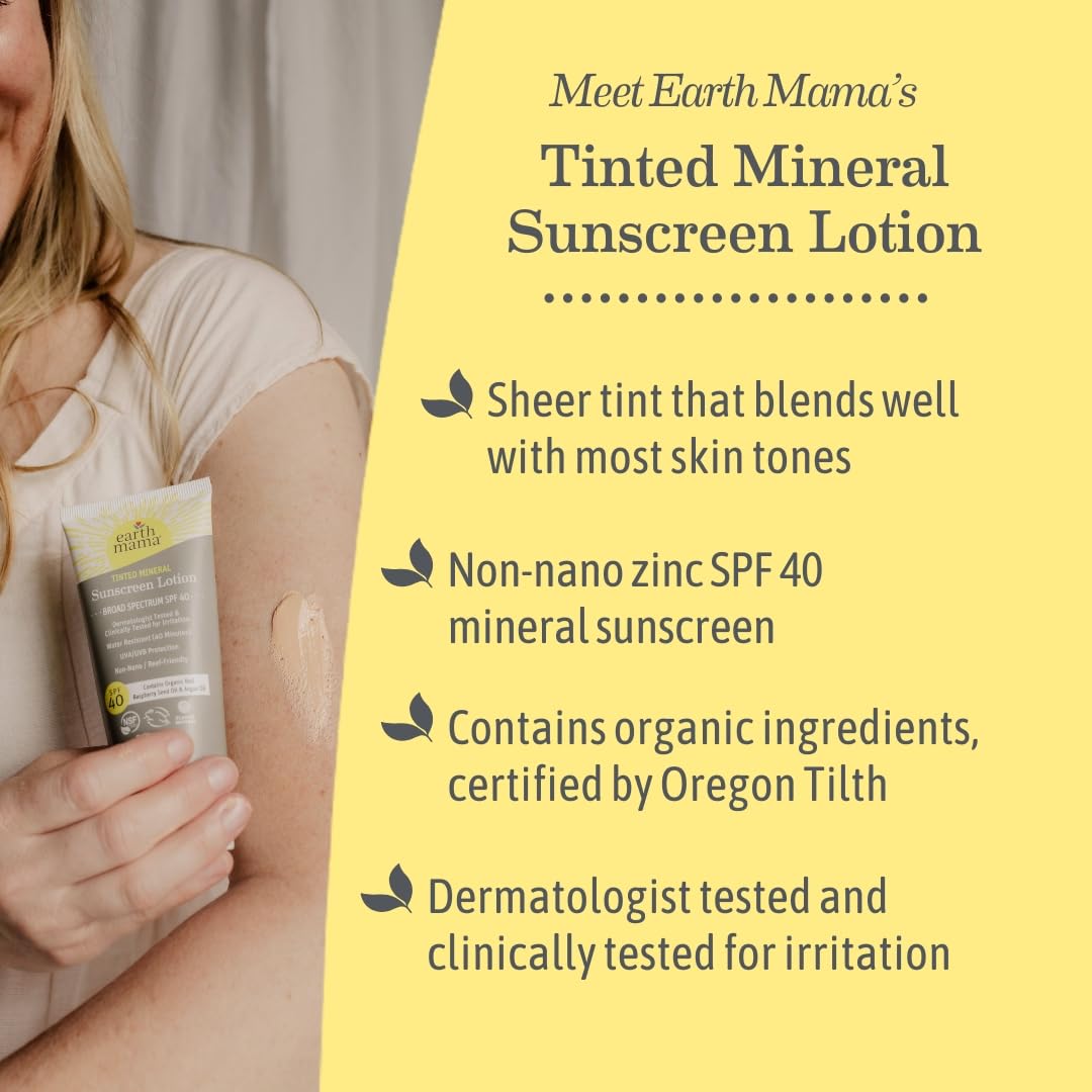 Earth Mama Tinted Mineral Sunscreen Lotion SPF 40-3 oz - Non-Nano Zinc - Broad Spectrum Tinted Sunscreen - Blends with Most Skin Tones