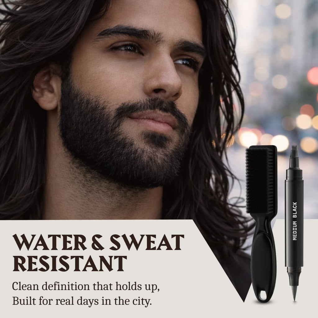 Striking Viking Beard Pencil Filler For Men - Medium Black, 1 Pen 1 Brush - Temporary Beard Dye - Waterproof Sweatproof Long Wear Beard Pen for Touchups & Gap Contouring - Enhances Facial Hair