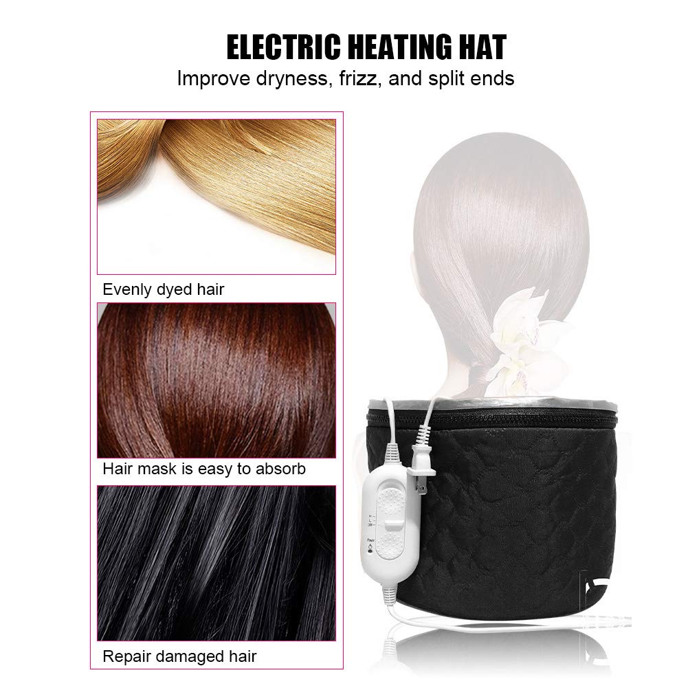 Electric Hair Steamer Cap for Deep Conditioning, Adjustable Temperature Thermal Hair Treatment Cap for Hair Spa, Moisturizing Hair Care & Home Salon Use Black