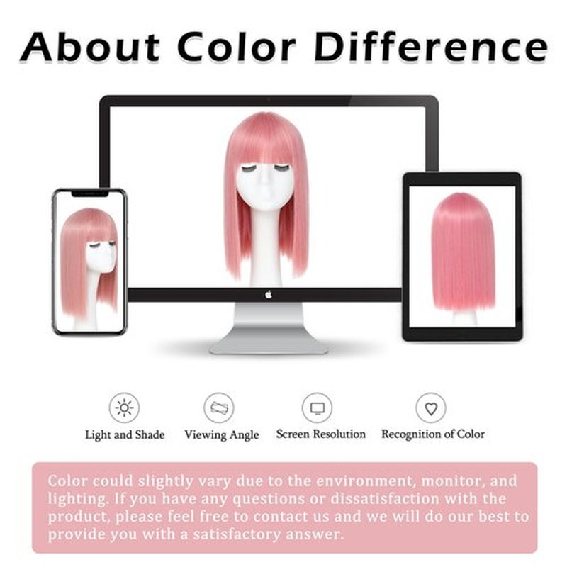 JSDshine Pink Bob Wig With Bangs - Heat Resistant 14Inch Synthetic Hair, Short Straight Shoulder Length Natural-Looking Cosplay Wig for Daily Use, Parties & Women Girls