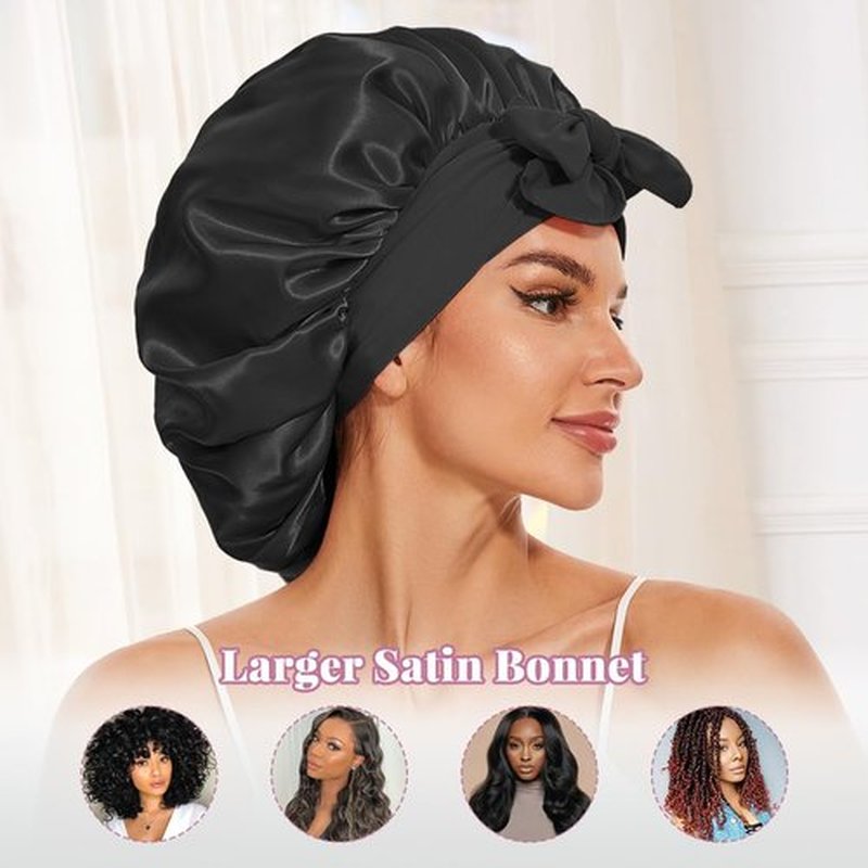 2 Pcs Large Satin Silk Bonnet for Sleeping Women, Adjustable Hair Bonnets for Sleeping with Tie Band, Silk Bonnet Sleep Cap for Curly Hair Long Braids (Black+Rose Pink)