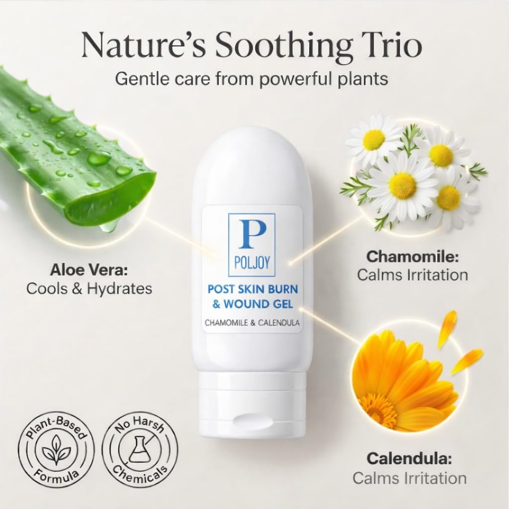 PolJoy Burn Gel, Hydrogel Based Botanical Gel with Calendula, Chamomile & Aloe; Lightweight, Non-Greasy Formula for Minor Burn Skin Care - 2 oz / 60 ml, Made in USA