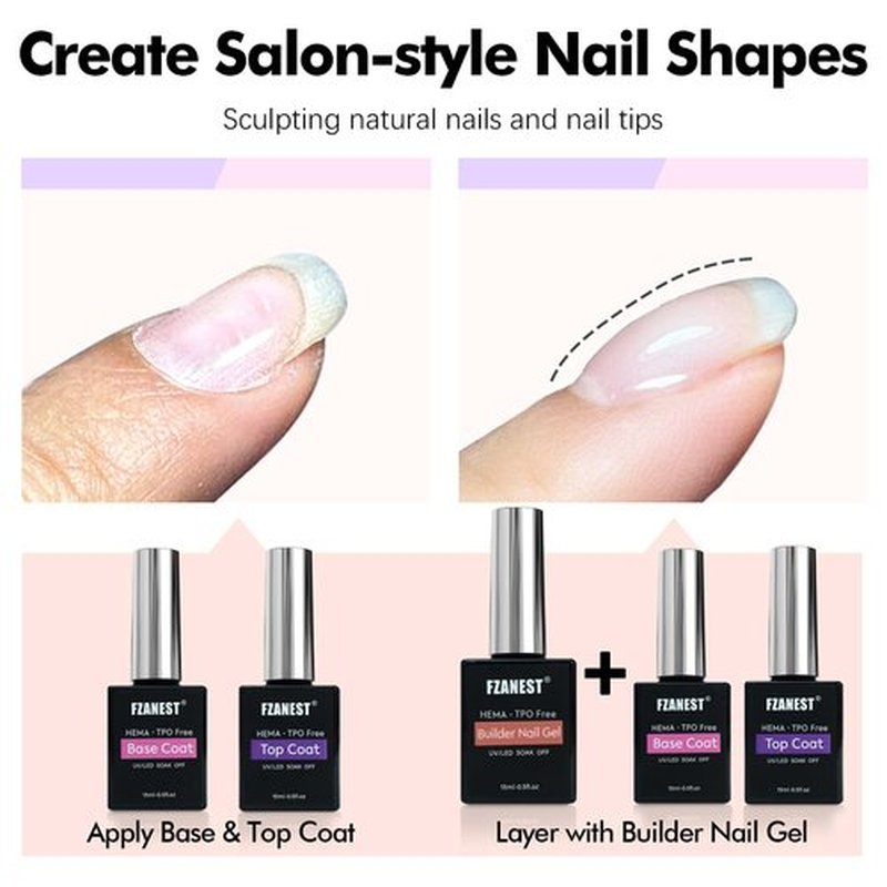 FZANEST Builder Gel With Top and Base Coat HEMA TPO-Free, 15ml * 3pcs Clear Gel Nail Polish Kit for Nail Strengthening Building Apex Extension Soak Off No Wipe Top Coat Base Harden Nails
