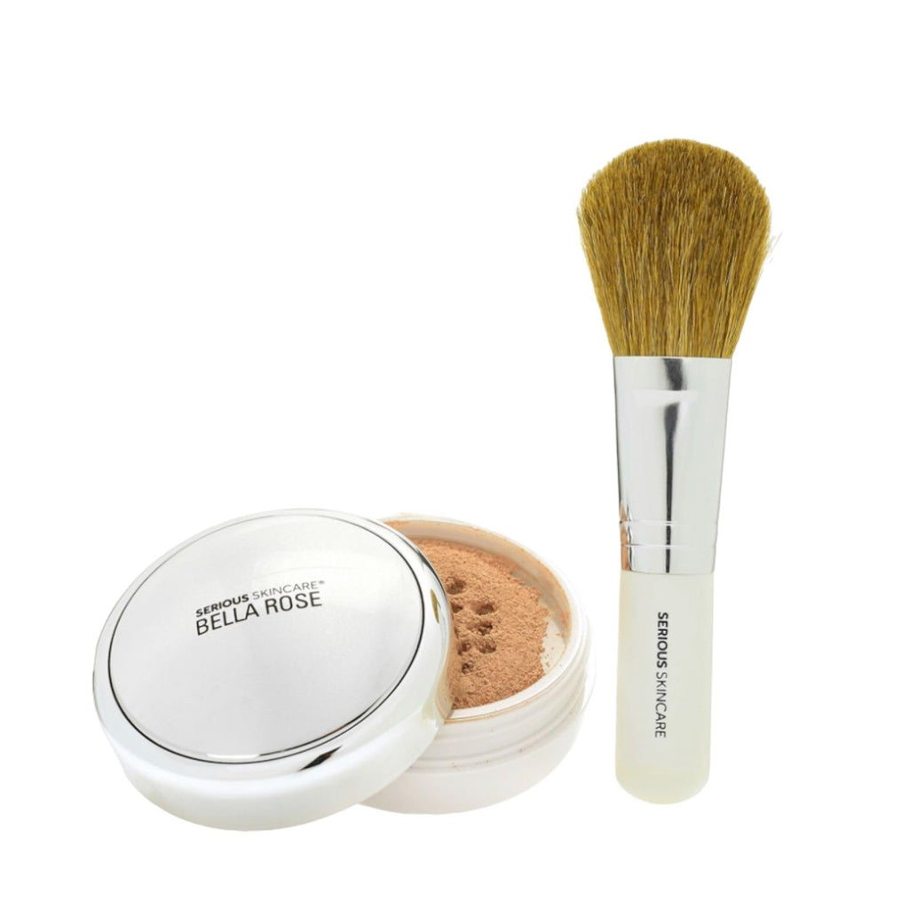 Serious Skincare BELLA ROSE PRO-MINERALS Loose Mineral Powder Makeup Foundation SPF 15 with Application Brush - Lightweight - Buildable Coverage - Luminous Matte Finish - Talc Free - 0.50 oz