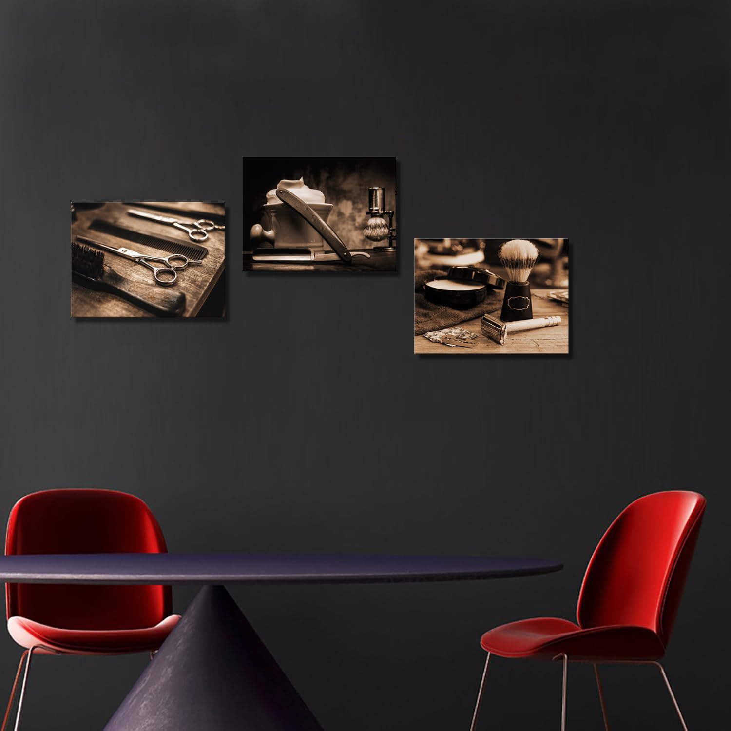 Derkymo Vintage Barber Shop Canvas Wall Art Barber Scissors Painting Canvas Prints Hairdresser Haircut Tools Pictures Artwork for Gallery Wrap Salon Decorative 12"x16"x3 Pieces