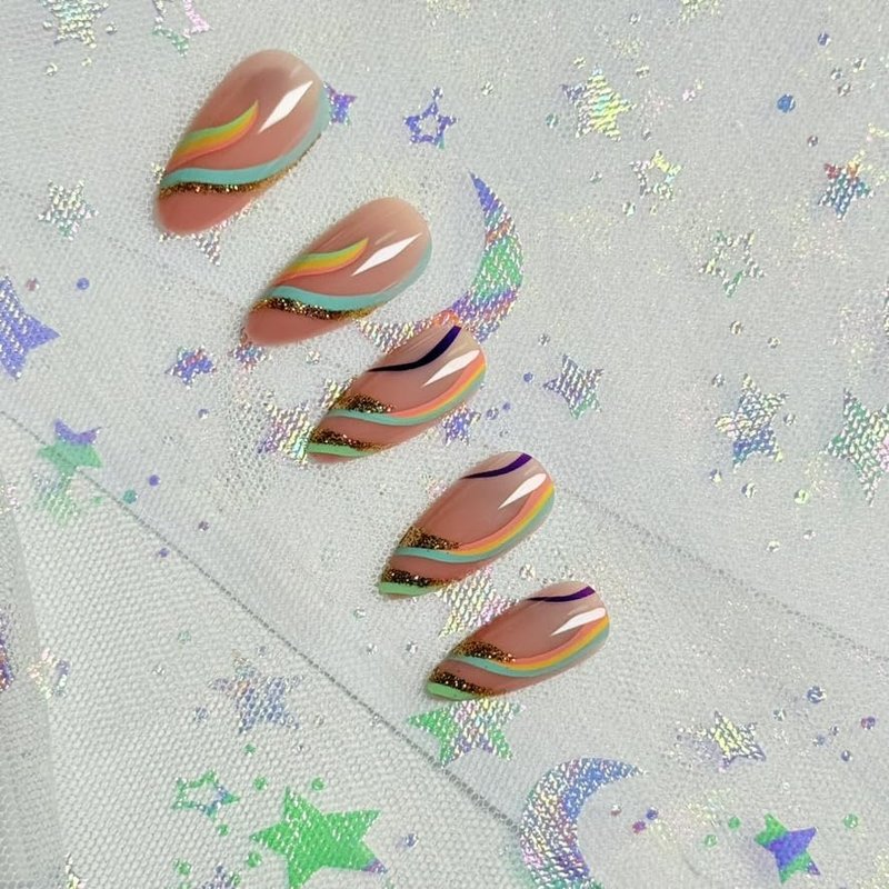 XIUXIULAN Press on Nails, rainbow ripple Pink Almond False Nails, 12 Size Glossy Soft Gel 24 Pcs