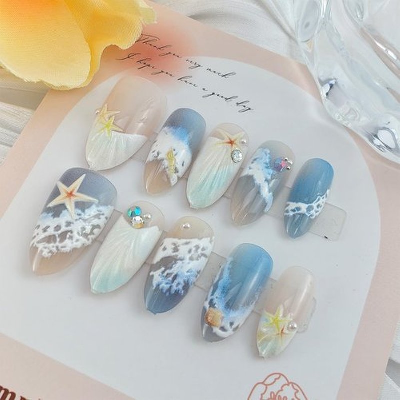 30Pcs Summer Press on Nails Almond French Tip Fake Nails with 3D Pearl Seashell Design Ocean Beach Press ons Cute Starfish False Nails Tropical Sea Wave Conch Stick on Nails for Women