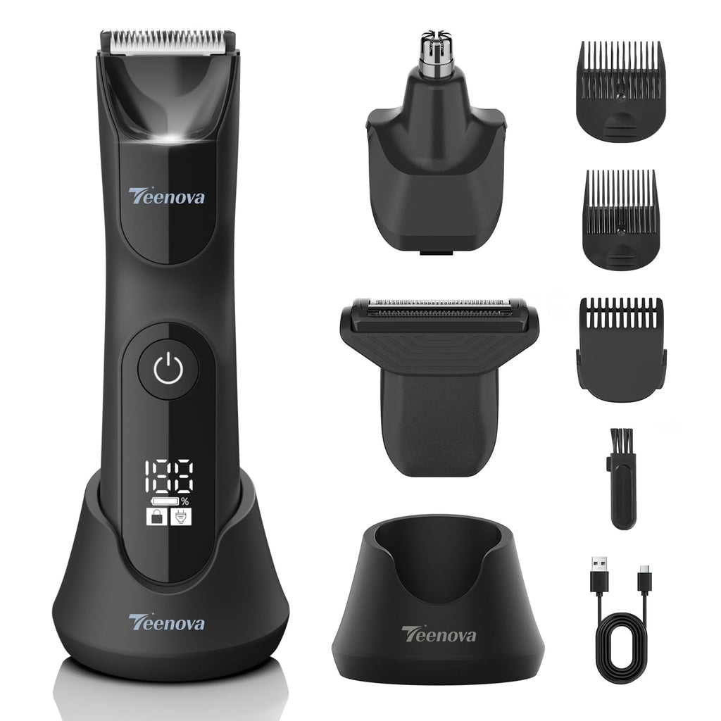 TEENOVA Manscape Body Hair Trimmer for Men, No Nick Pubic Bikini Trimmer for Women, 3 in 1 Versatile Groin Shaver with Nose Hair Trimmer, Cordless Dock Charging, LED Display, Wet/Dry Grommer (Green)