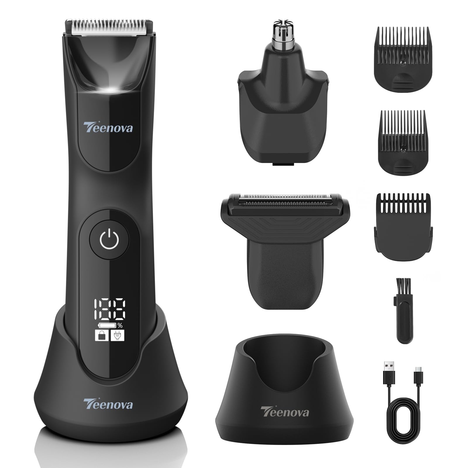 TEENOVA Manscape Body Hair Trimmer for Men, No Nick Pubic Bikini Trimmer for Women, 3 in 1 Versatile Groin Shaver with Nose Hair Trimmer, Cordless Dock Charging, LED Display, Wet/Dry Grommer (Green)