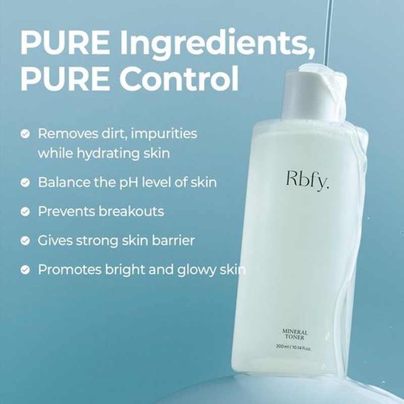 Rbfy Mineral Toner - Low-Irritant Face Toner Essence for Hydration, Soothing & Refined Skin with 50,000ppm Nutrient-Rich Mineral Water, Hyaluronic Acid | Vegan Korean Skincare (10.14 fl oz)