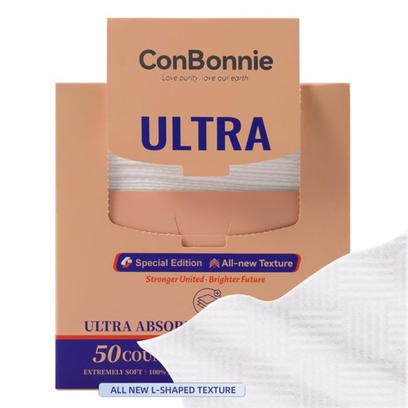 Conbonnie Clean Face Towels XL, Special Ed., 10"×12" Biobased Facial Towels, Disposable Face Towelette, Makeup Remover, L-shaped Textured, Enhanced Cleaning for Skin Care, 50 Count (1 Pack)