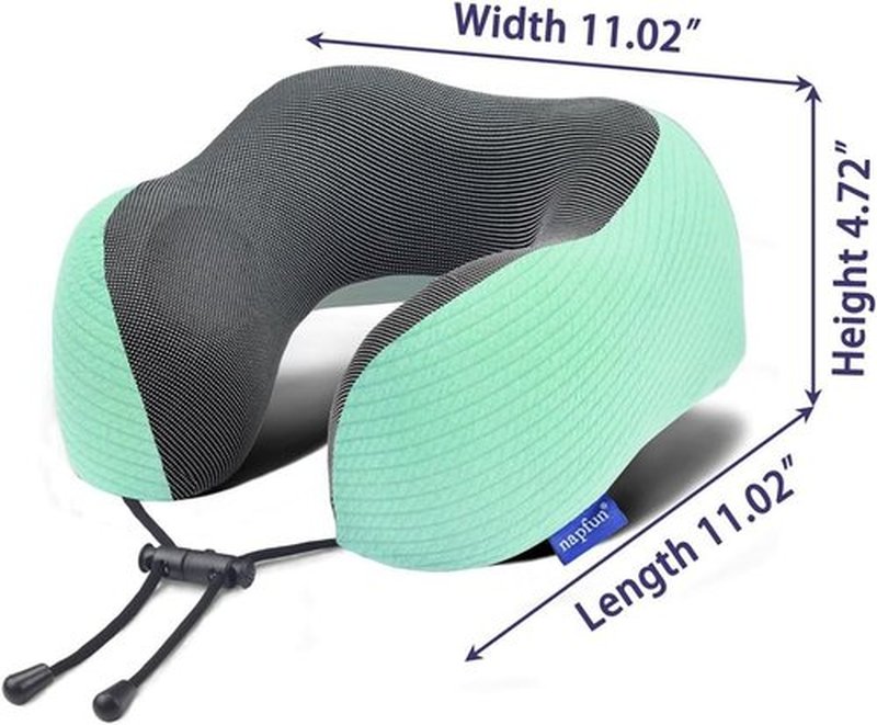 Napfun Neck Pillow - Memory Foam Travel Pillow with Sleep Mask, Earplugs & Pouch | Turquoise Striped Kit
