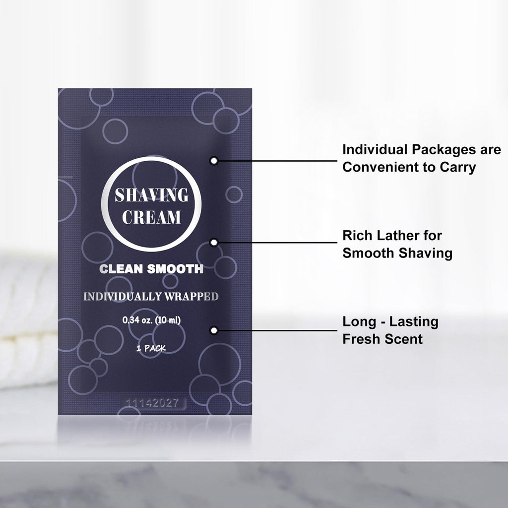 Travel Shaving Cream for Men, Individually Wrapped Mini Shaving Cream in Bulk, Disposable Travel Size Toiletries Amenities Vacation for Hotel, Shelter/Homeless/Nursing Home/Charity 0.34 oz (60 Pack)