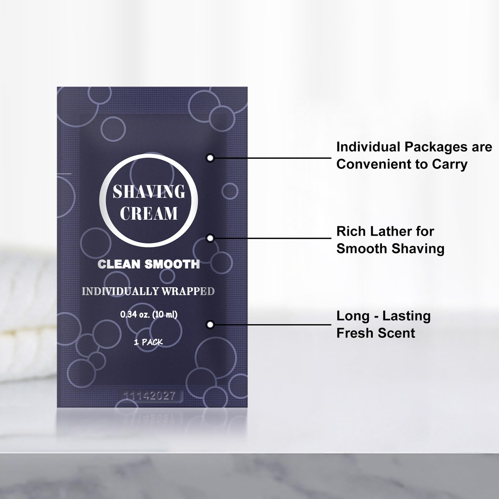 Travel Shaving Cream for Men, Individually Wrapped Mini Shaving Cream in Bulk, Disposable Travel Size Toiletries Amenities Vacation for Hotel, Shelter/Homeless/Nursing Home/Charity 0.34 oz (60 Pack)