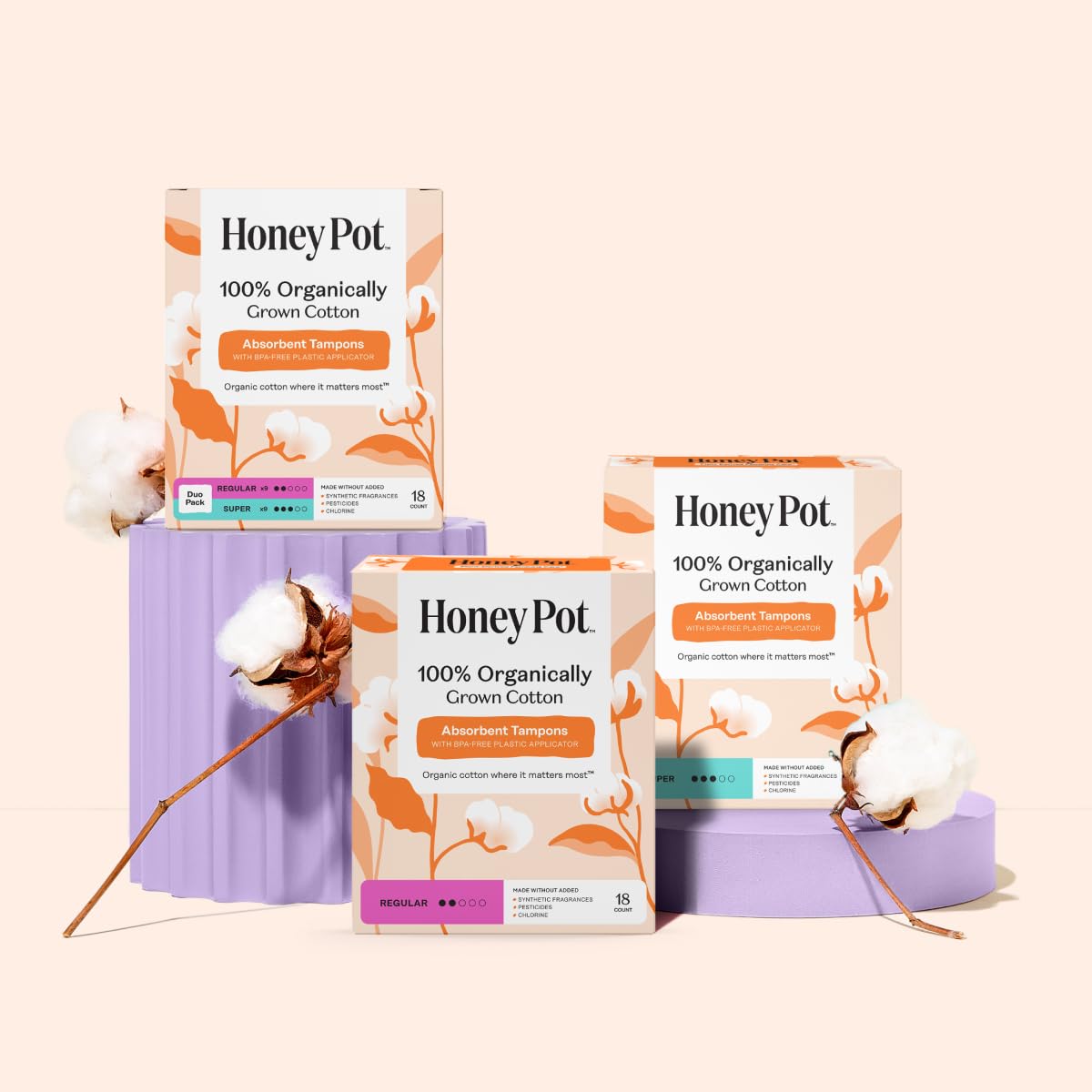 The Honey Pot Company - Multipack -100% Organic Cotton Core Tampons w/Bio Plastic Applicator - Regular & Super Absorbency - Unscented - Feminine Care - 54 Count (3 Packs of 18)