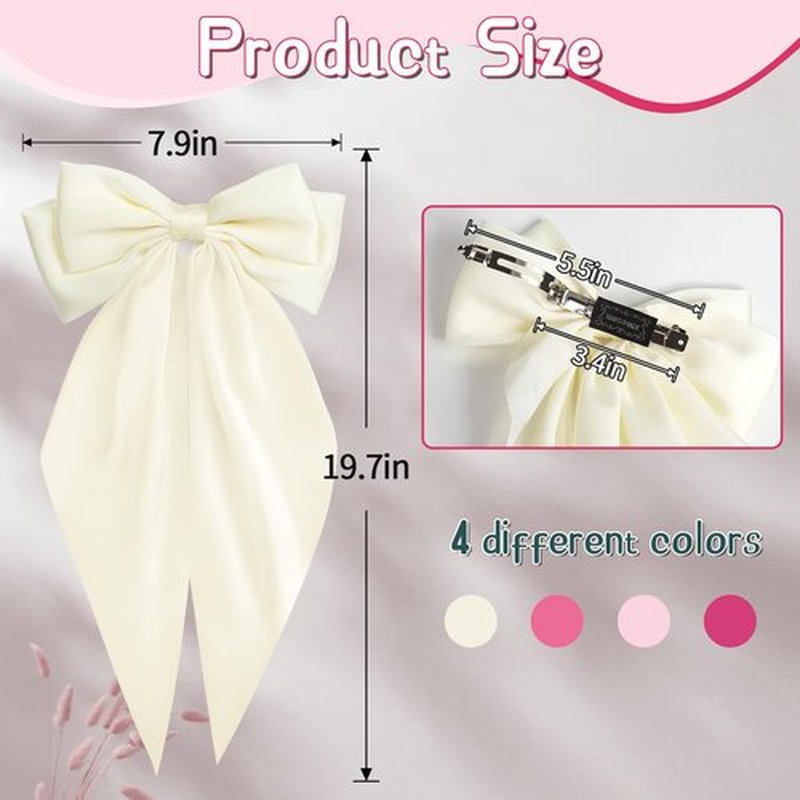 MIKONIKO Silky Satin Hair Bows for Women Girls - 4PCS Ribbon Bows for Hair, Big Bow Hair Clips with Long Tail, Barrettes - Cute Hair Accessories Gifts (Hot Pink, Light Pink, Royal Pink, Beige)