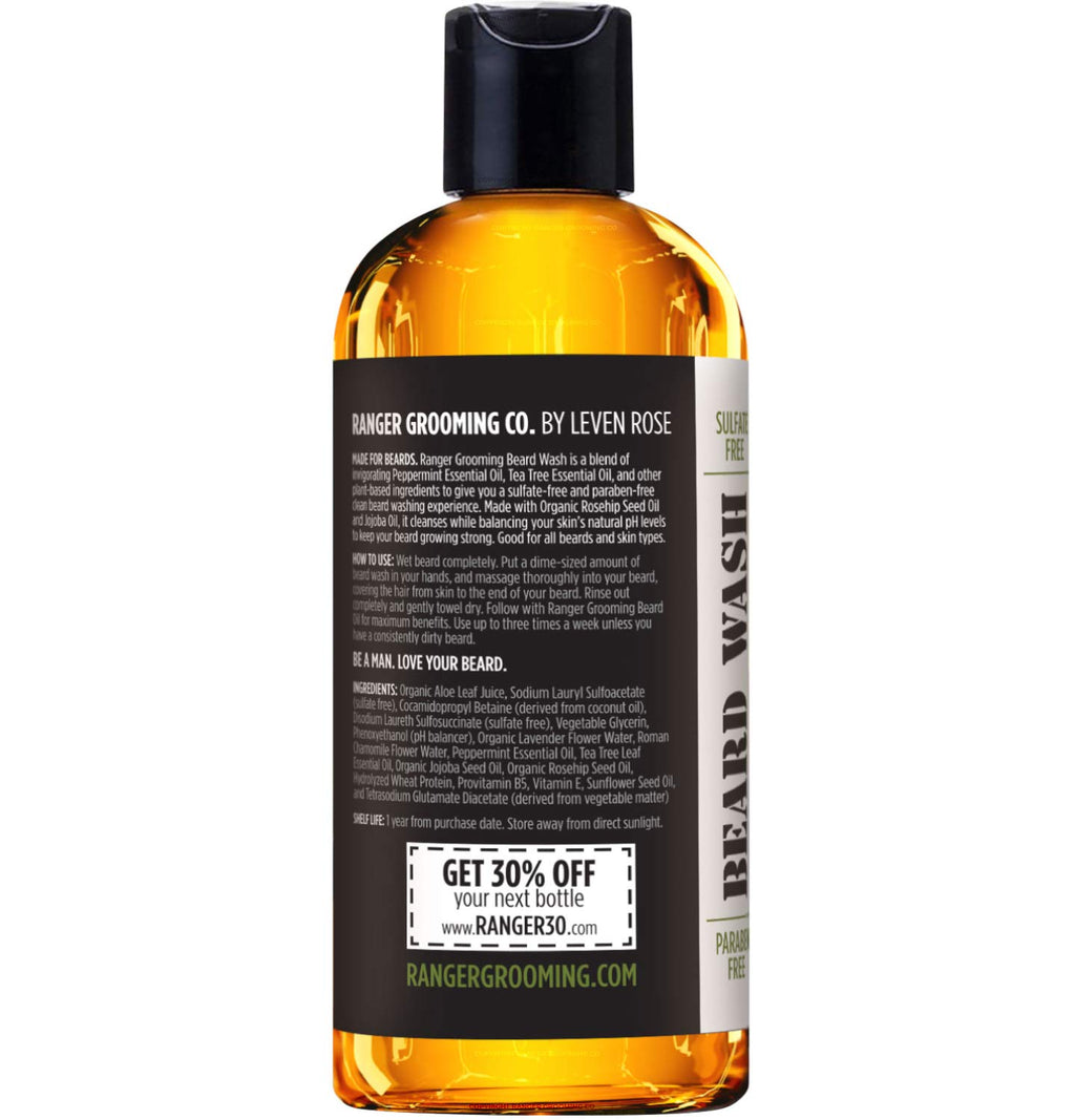 Leven Rose Beard Wash Shampoo by Ranger Grooming Co, Sulfate Free Natural Beard Cleanser & Conditioner for Men, Tea Tree & Peppermint for Growth & Thickening, Paraben Free 4 oz