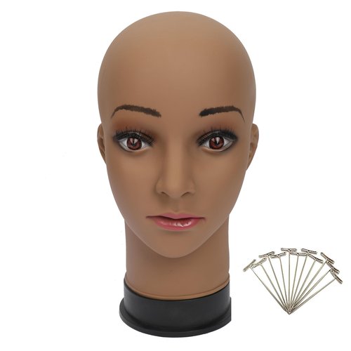 BHD BEAUTY Bald Mannequin Head Brown Female Professional Cosmetology for Wig Making, Display wigs, eyeglasses, hairs with T pins 23''
