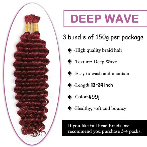 #99J Burgundy Human Braiding Hair for Boho Braids 18 18 18 Inch 150g Deep Water Bulk Human Hair Knotless Boho Braiding Deep Wave No Weft Extensions Bohemian Braids 3 Bundles/Pack Caramel