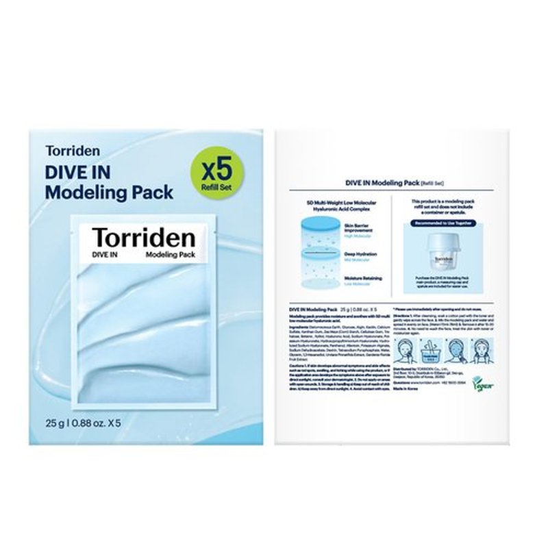 Torriden DIVE IN Modeling Mask (pack of 5) | Intensive Hydration and Cooling | 5D Hyaluronic Acid Complex, Glucose & Algin, Kaolin