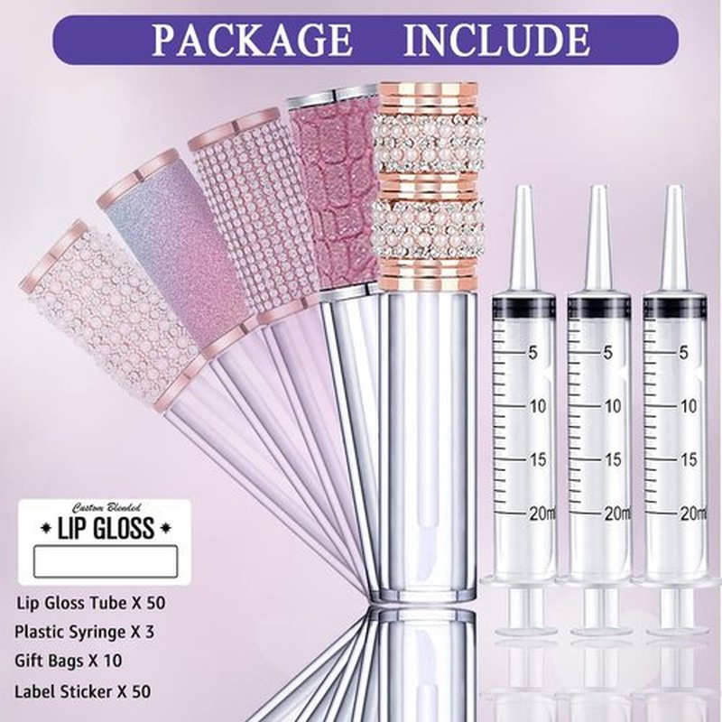 AMORIX 50 Pack Diamond Lip Gloss Tubes with Wand 5ml Empty Rhinestone Lip Gloss Containers + 3pcs Syringes + Labels for DIY Base