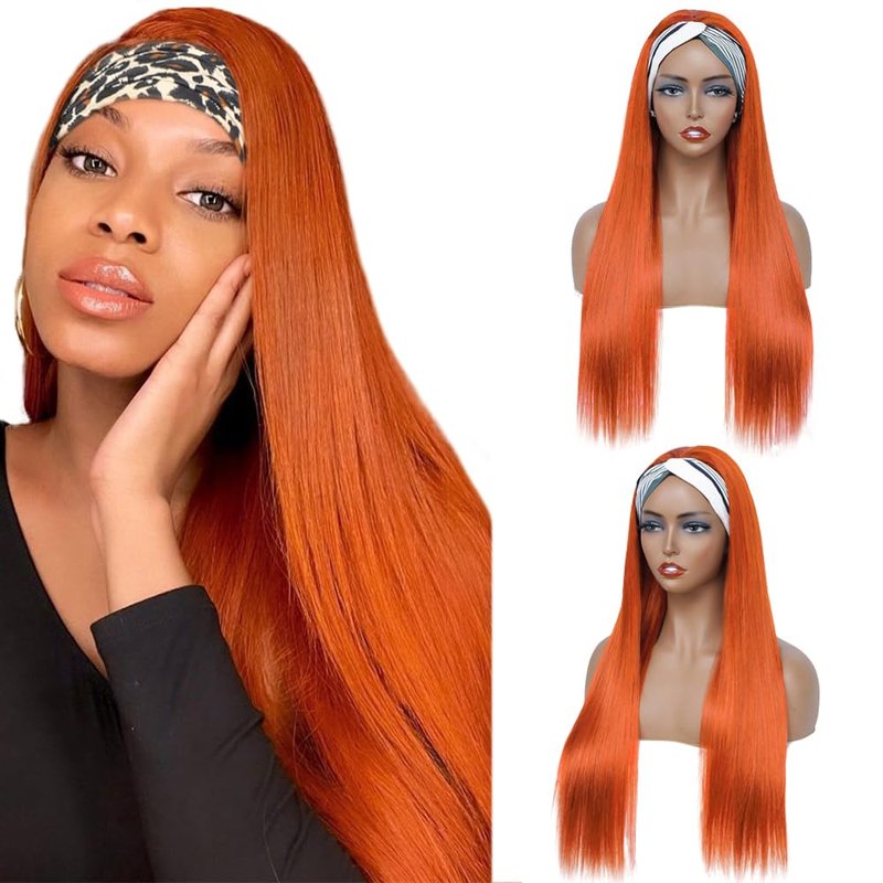YiweYowe 26 Inch #350 Orange Headband Wig Human Hair 150% Density Grade 8A Unprocessed Brazilian Virgin Hairs Machine Made Orange Straight Headband Wig Human Hair None Lace Front Wig