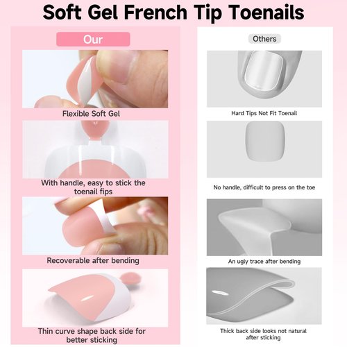 Toe Press On Nails, 240Pcs White French Press On Toenails Kit, Nude Square Pre-Designed Soft Gel False Toenail Extension, 12 Size Full Cover Fake Toenail Press Ons for Women